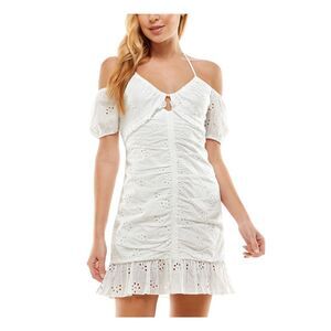 CITY STUDIO Womens Short Dress White Short Sleeve Tie Lined Juniors 5